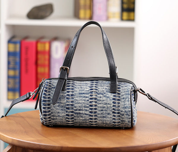 Mini Denim Barrel Bag for Women Vintage Canvas Top Handle and Crossbody Handbag Durable