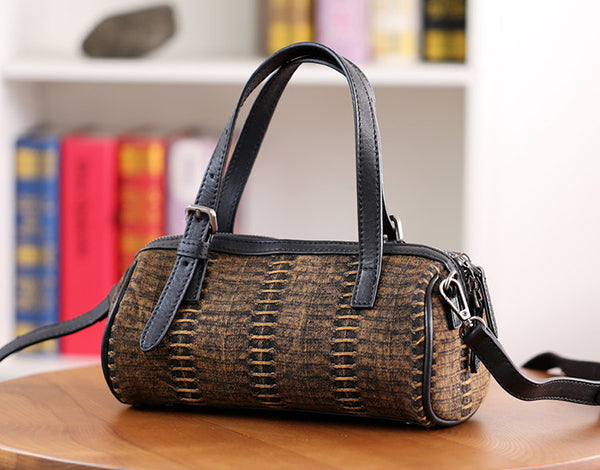 Mini Denim Barrel Bag for Women Vintage Canvas Top Handle and Crossbody Handbag Elegant