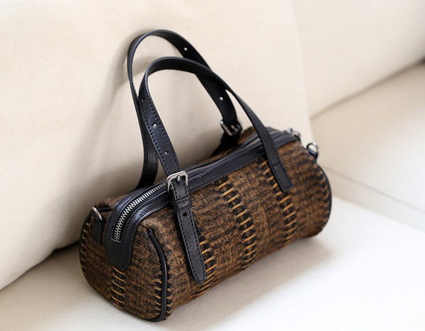 Mini Denim Barrel Bag for Women Vintage Canvas Top Handle and Crossbody Handbag Fashionable