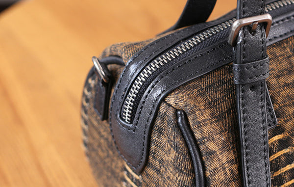 Mini Denim Barrel Bag for Women Vintage Canvas Top Handle and Crossbody Handbag Handmade