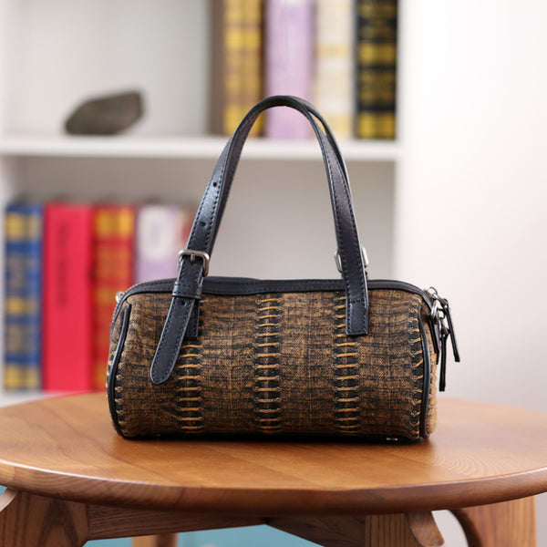 Mini Denim Barrel Bag for Women Vintage Canvas Top Handle and Crossbody Handbag