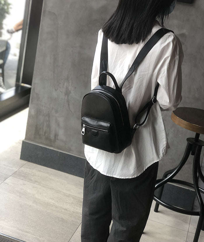 black vintage mini backpack Ladies Genuine Leather Mini Backpack Purse Black Leather Rucksack