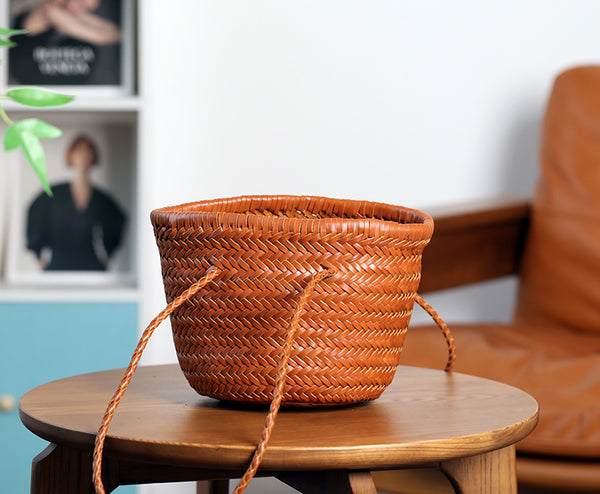 Vintage-Genuine-Leather-Handwoven-Bucket-Bag-Shoulder-Tote-with-Inner-Pouch-Classy