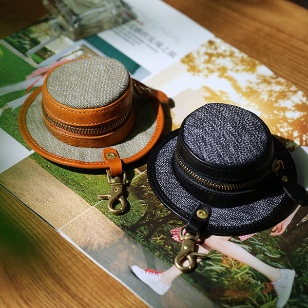 Mini Hat Shaped Coin Purse and Earphone Case-Canvas and Genuine Leather with Metal Clasp Accessories