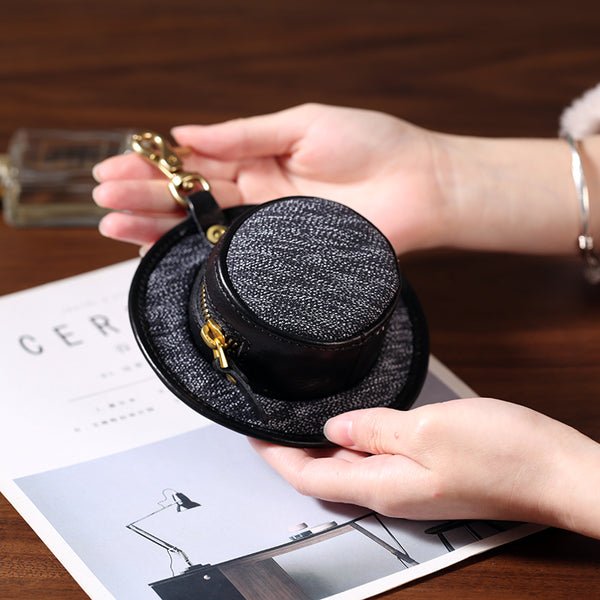 Mini Hat Shaped Coin Purse and Earphone Case-Canvas and Genuine Leather with Metal Clasp