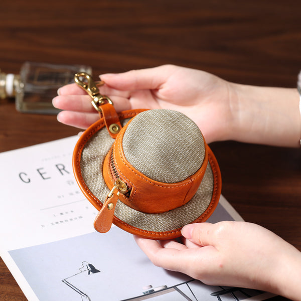 Mini Hat Shaped Coin Purse and Earphone Case-Canvas and Genuine Leather with Metal Clasp Casual