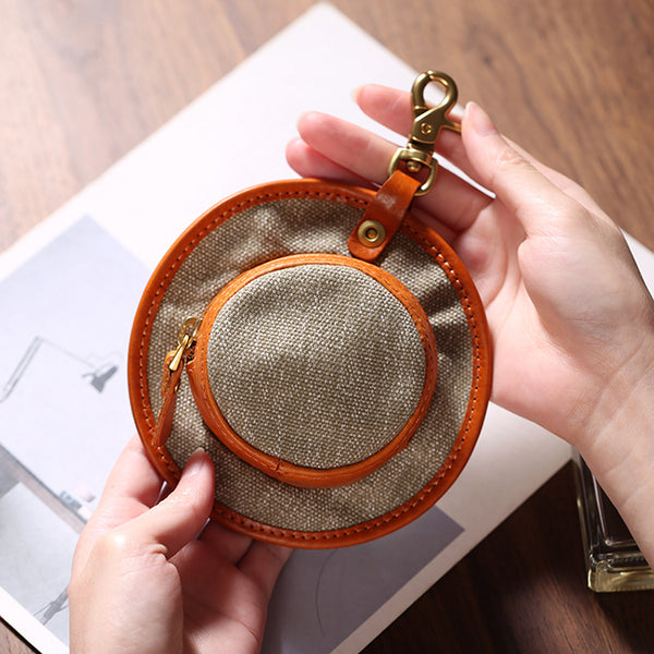 Mini Hat Shaped Coin Purse and Earphone Case-Canvas and Genuine Leather with Metal Clasp Chic