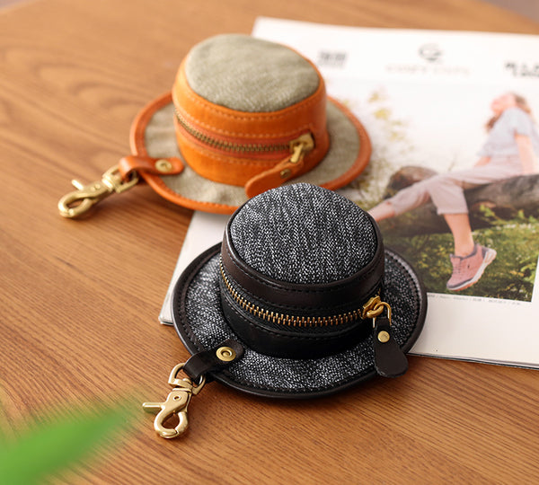 Mini Hat Shaped Coin Purse and Earphone Case-Canvas and Genuine Leather with Metal Clasp Classic