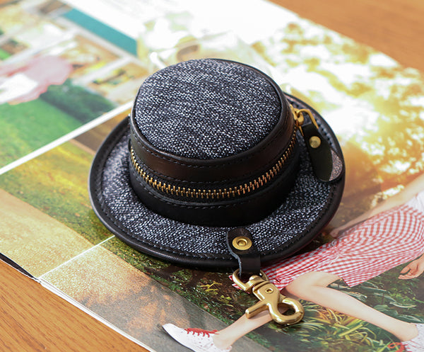 Mini Hat Shaped Coin Purse and Earphone Case-Canvas and Genuine Leather with Metal Clasp Cool