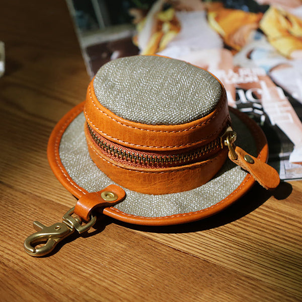Handmade Hat Coin Pouch for Women-Small Canvas and Leather Earphone Case with Decorative Clasp
