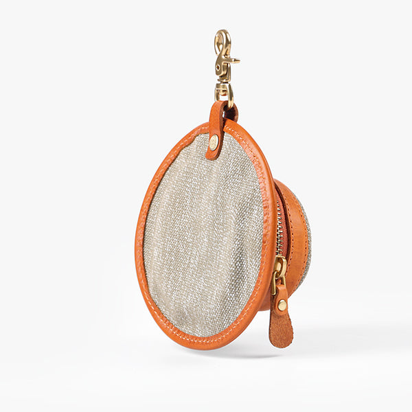 Mini Hat Shaped Coin Purse and Earphone Case-Canvas and Genuine Leather with Metal Clasp Details