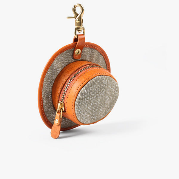 Mini Hat Shaped Coin Purse and Earphone Case-Canvas and Genuine Leather with Metal Clasp Durable