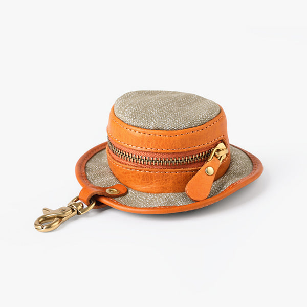 Mini Hat Shaped Coin Purse and Earphone Case-Canvas and Genuine Leather with Metal Clasp Fashion