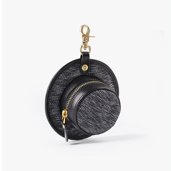 Mini Hat Shaped Coin Purse and Earphone Case-Canvas and Genuine Leather with Metal Clasp Funky
