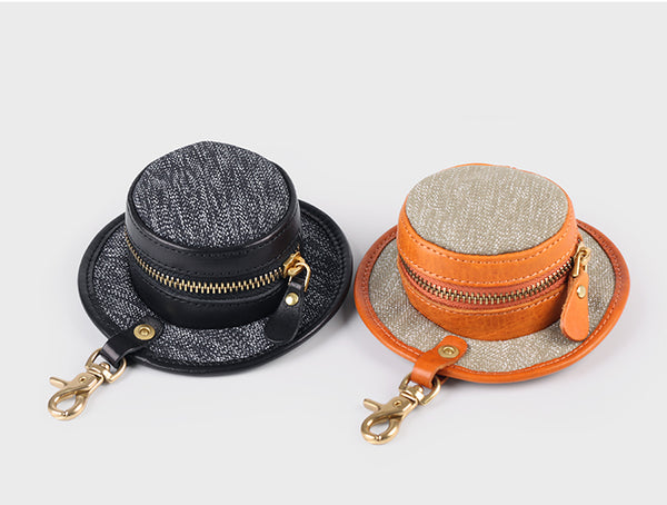 Mini Hat Shaped Coin Purse and Earphone Case-Canvas and Genuine Leather with Metal Clasp Gift