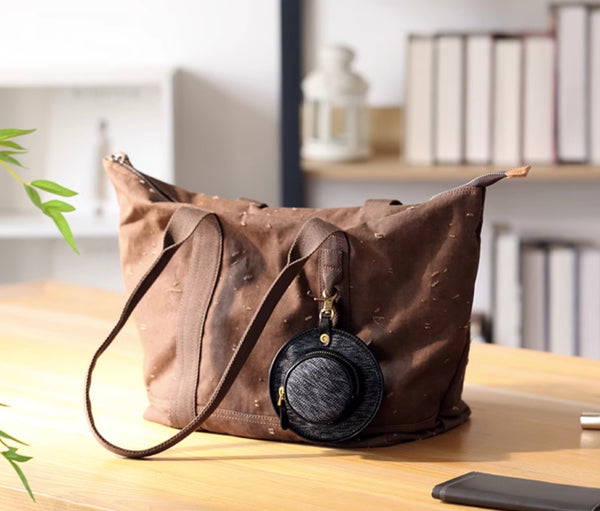 Mini Hat Shaped Coin Purse and Earphone Case-Canvas and Genuine Leather with Metal Clasp Gorgeous