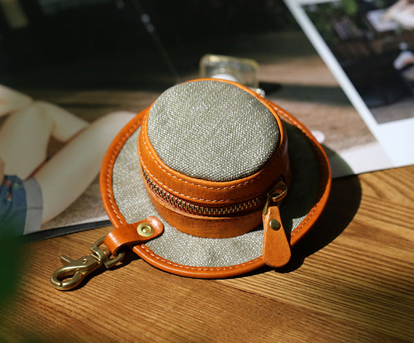 Mini Hat Shaped Coin Purse and Earphone Case-Canvas and Genuine Leather with Metal Clasp Handmade