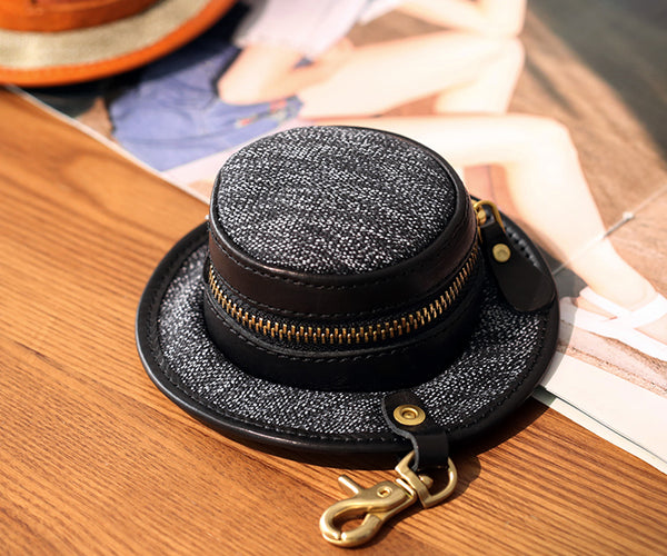 Mini Hat Shaped Coin Purse and Earphone Case-Canvas and Genuine Leather with Metal Clasp Original