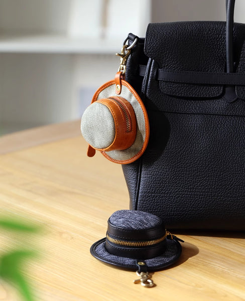 Mini Hat Shaped Coin Purse and Earphone Case-Canvas and Genuine Leather with Metal Clasp Quality