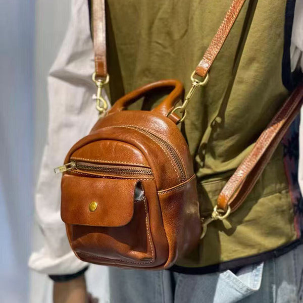 Mini Leather Backpack Purse for Women Convertible Crossbody Bag in Top Grain Cowhide Brown