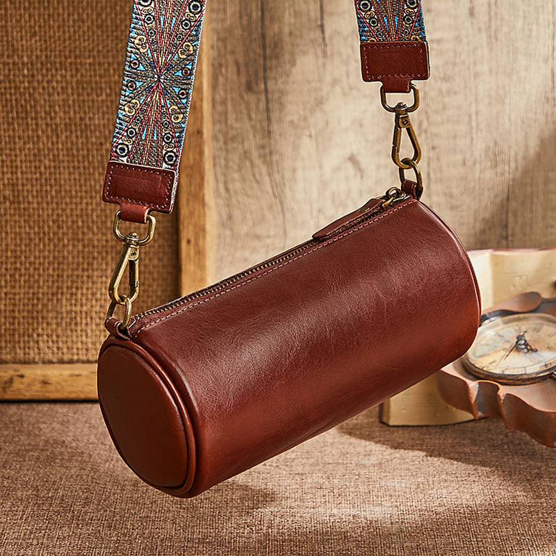 Mini Leather Barrel Bag for Women Genuine Cowhide Underarm Crossbody Affordable