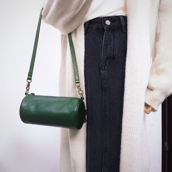 Mini Leather Barrel Bag for Women Genuine Cowhide Underarm Crossbody Beautiful