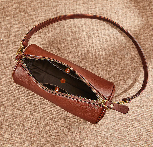 Mini Leather Barrel Bag for Women Genuine Cowhide Underarm Crossbody Capacity