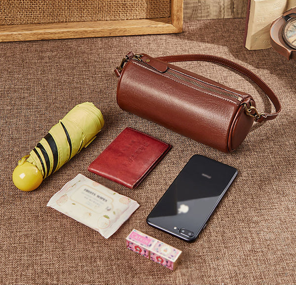 Mini Leather Barrel Bag for Women Genuine Cowhide Underarm Crossbody Casual