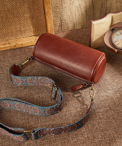 Mini Leather Barrel Bag for Women Genuine Cowhide Underarm Crossbody Cute