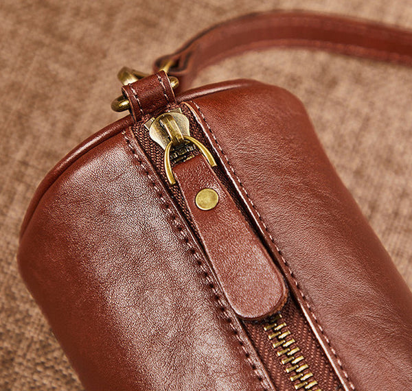 Mini Leather Barrel Bag for Women Genuine Cowhide Underarm Crossbody Details