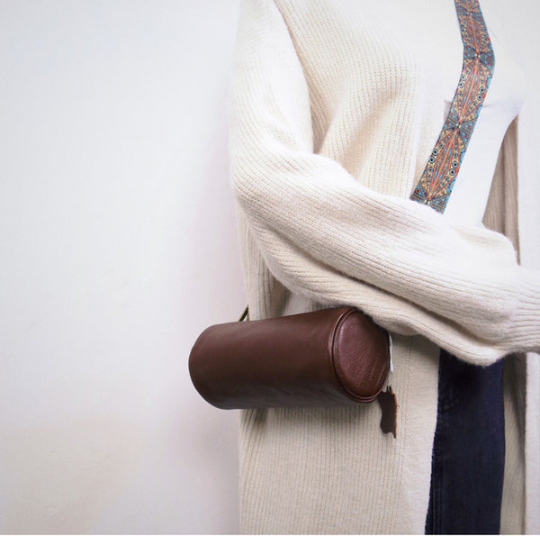 Mini Leather Barrel Bag for Women Genuine Cowhide Underarm Crossbody Fashionable