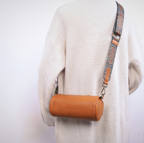 Mini Leather Barrel Bag for Women Genuine Cowhide Underarm Crossbody Genuine-Leather