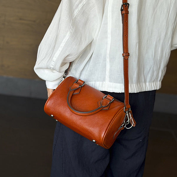 Mini Leather Boston Bag for Women Vintage Top Grain Cowhide Crossbody Handbag Affordable