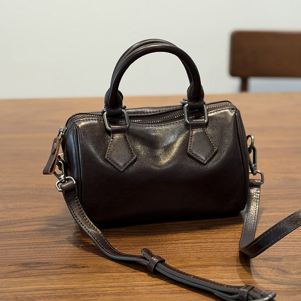 Mini Leather Boston Bag for Women Vintage Top Grain Cowhide Crossbody Handbag Black