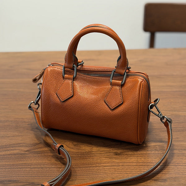 Mini Leather Boston Bag for Women Vintage Top Grain Cowhide Crossbody Handbag Brown