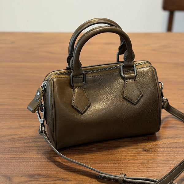 Mini Leather Boston Bag for Women Vintage Top Grain Cowhide Crossbody Handbag Casual