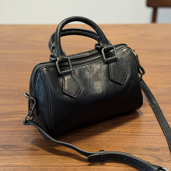 Mini Leather Boston Bag for Women Vintage Top Grain Cowhide Crossbody Handbag Chic