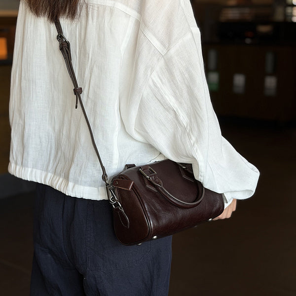 Mini Leather Boston Bag for Women Vintage Top Grain Cowhide Crossbody Handbag Classic