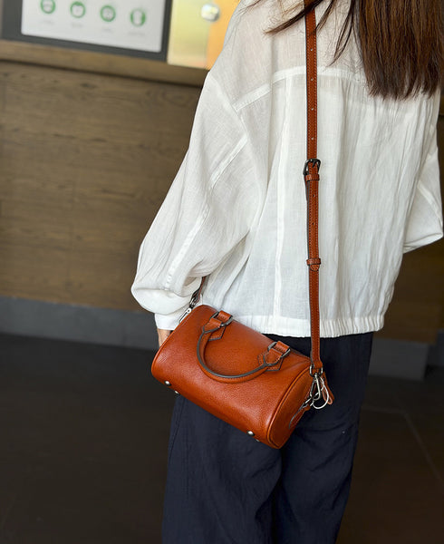 Mini Leather Boston Bag for Women Vintage Top Grain Cowhide Crossbody Handbag Cool