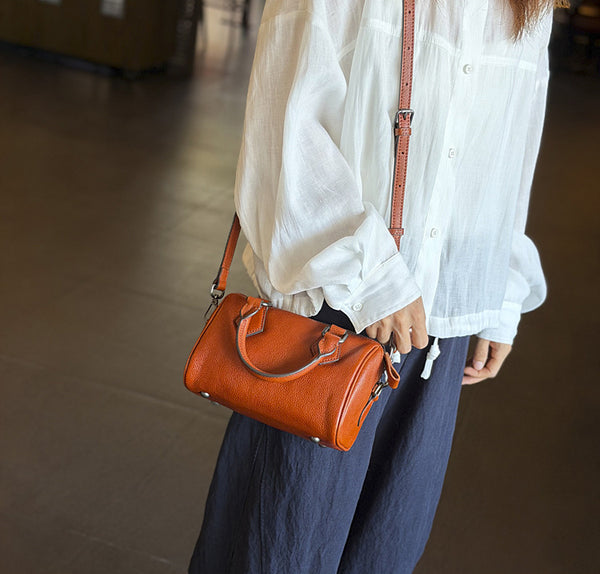 Mini Leather Boston Bag for Women Vintage Top Grain Cowhide Crossbody Handbag Cowhide