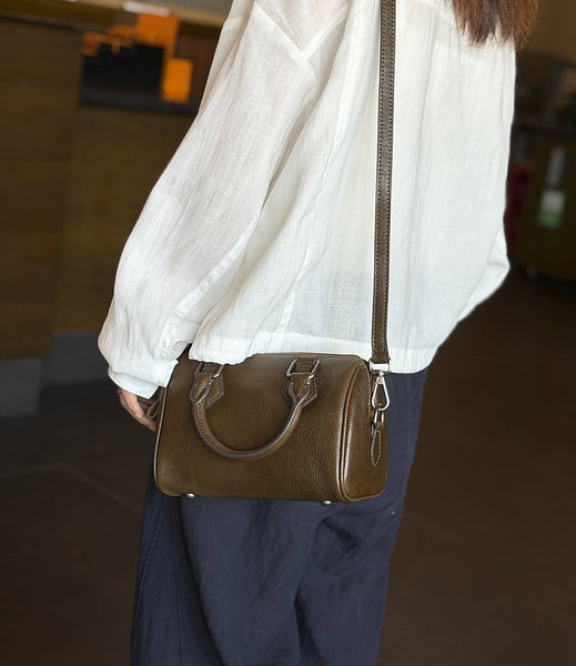 Mini Leather Boston Bag for Women Vintage Top Grain Cowhide Crossbody Handbag Designer