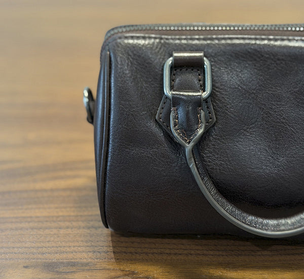 Mini Leather Boston Bag for Women Vintage Top Grain Cowhide Crossbody Handbag Details