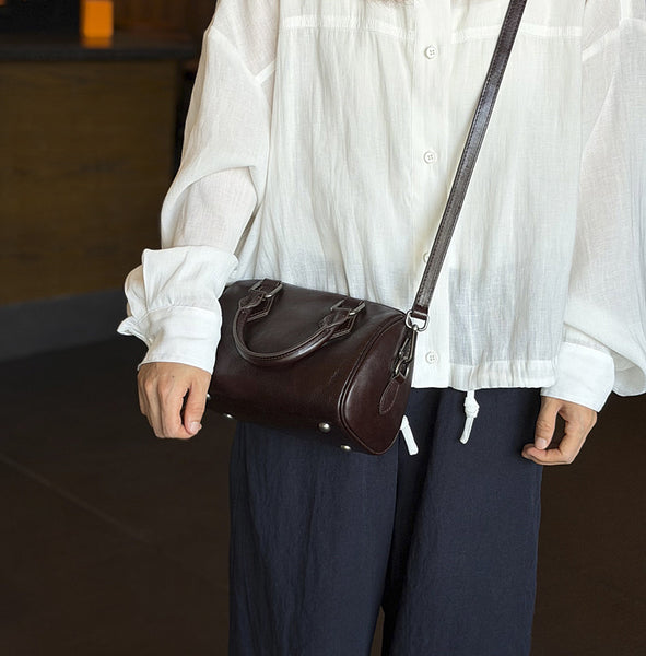 Mini Leather Boston Bag for Women Vintage Top Grain Cowhide Crossbody Handbag Elegant