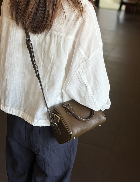 Mini Leather Boston Bag for Women Vintage Top Grain Cowhide Crossbody Handbag Fashion