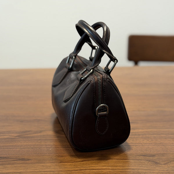 Mini Leather Boston Bag for Women Vintage Top Grain Cowhide Crossbody Handbag Genuine Leather