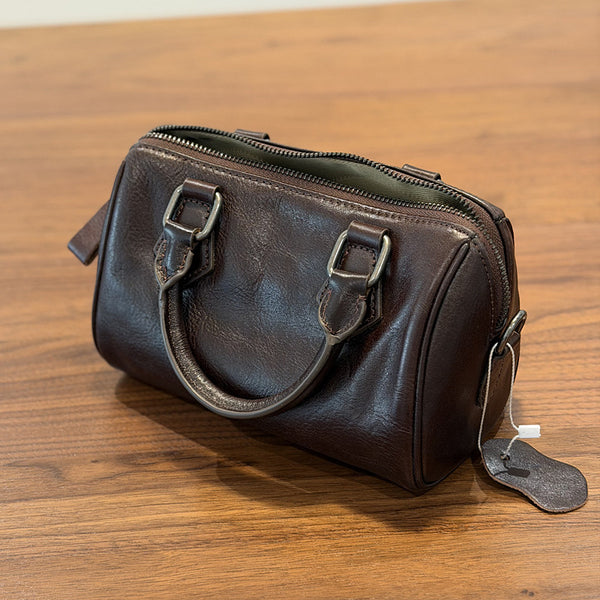 Mini Leather Boston Bag for Women Vintage Top Grain Cowhide Crossbody Handbag Gift