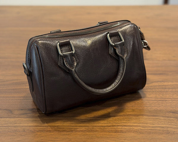 Mini Leather Boston Bag for Women Vintage Top Grain Cowhide Crossbody Handbag Handmade