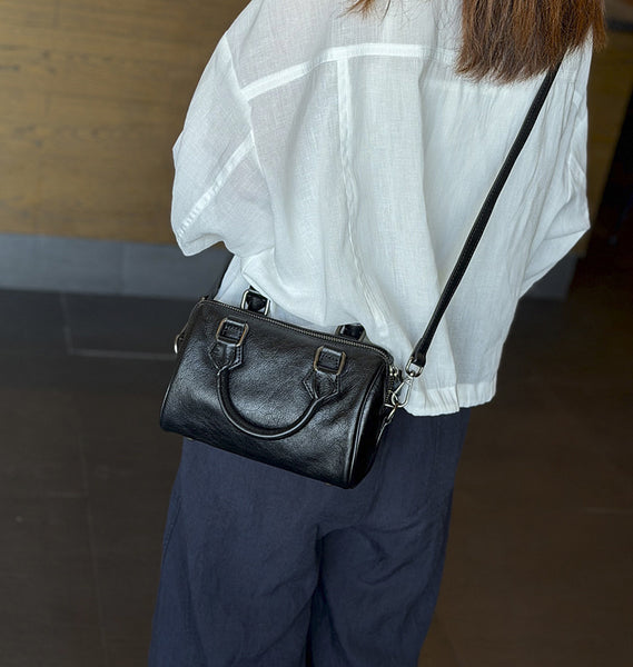Mini Leather Boston Bag for Women Vintage Top Grain Cowhide Crossbody Handbag Trendy