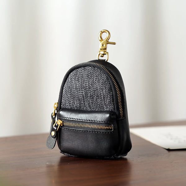 Mini Leather Canvas Coin Wallet Compact Earbud and Key Pouch Black