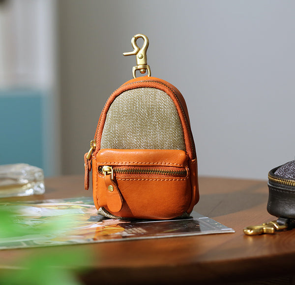Mini Leather Canvas Coin Wallet Compact Earbud and Key Pouch Brown